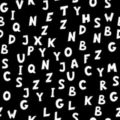 Seamless pattern of white English letters on black background. Vector illustration.