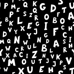 Seamless pattern of white English letters on black background. Vector illustration.