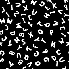 Seamless pattern of white English letters on black background. Vector illustration.