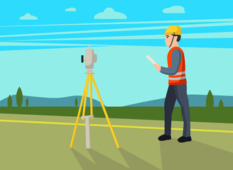 Concept land surveyors. Сadastral engineer, cartographer, cartoon  character. Vector flat illustration.