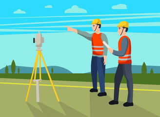 Concept land surveyors. Сadastral engineer, cartographer, cartoon  character. Vector flat illustration.