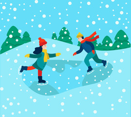 Winter holidays.A boy and a girl are skating on the edge of the forest. Children in the winter Park. Winter fun and games. Characters. Flat cartoon vector illustration.