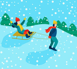 Winter holidays. Boy and girl sledding on the edge of the forest. Children in the winter Park. Winter fun and games. Characters. Flat cartoon vector illustration.