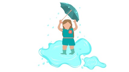 Illustration of a girl in a puddle with an umbrella. Vector image, eps 10