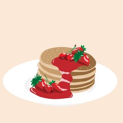 Illustration of pancakes with jam and berries. Vector image, eps 10