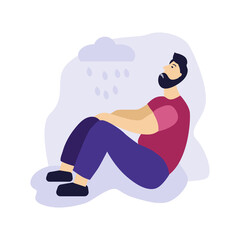 Sad man flat character. Frustrated young man sit on the ground. Broken heart, unhappy love. The concept of frustration, depression, psychotherapy.