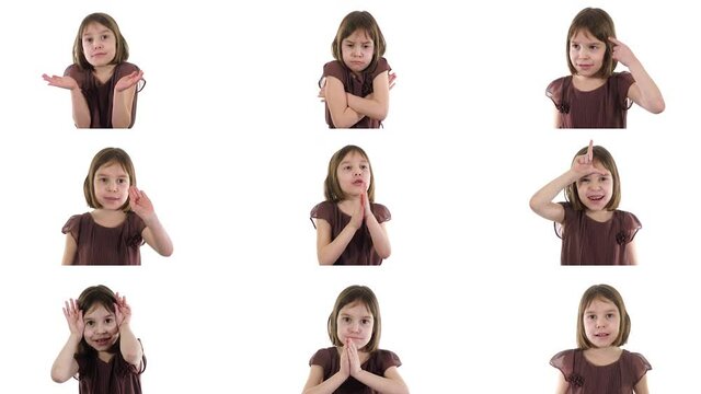 6-7 years old little girl on white. Collage. gesture concept expression emotions.
