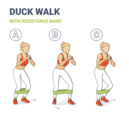 Girl Duck Walk Workout Exercise with Resistance Band Colorful Concept