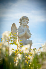 Ancient statue of an angel in flower against sky background