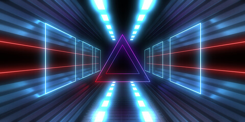Obraz premium 3D abstract background with neon lights. neon tunnel .space construction . 3d illustration