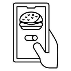 Ghost Kitchen food ordering concept, Mobile Phone with Chicken Drum Stick Vector Icon Design, Coronavirus contactless food delivery symbol on white background, Touchless Snacks Delivery Sign,