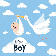 Obraz na płótnie Canvas baby boy birth card or banner in black depicting a stork bringing the baby on a blue background with clouds