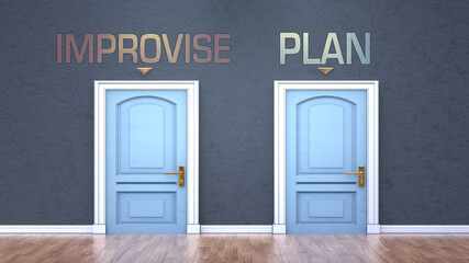 Improvise and plan as a choice - pictured as words Improvise, plan on doors to show that Improvise and plan are opposite options while making decision, 3d illustration