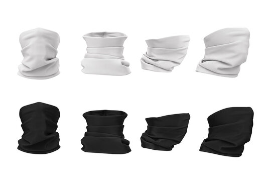 Set of buff on the face. Protective clothing, bandana, scarf, buff, neckscarf in white and black in front, back, side view. 3d illustration of mockup, empty template isolated on a white background.