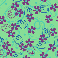 vector drawing of pink flowers and green geometric shapes in a graphic style on a colored seamless background for use in design, textiles, wallpaper, wrapping paper, stationery