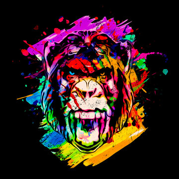 Colorful artistic monkey  with colorful paint splatters on black background