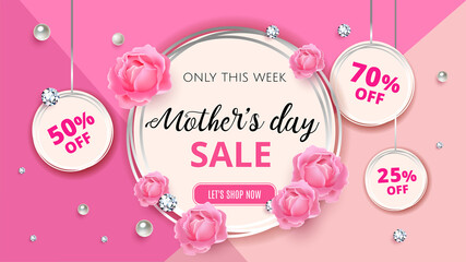 Mother's day sale background template with flowers, roses, diamond and pearl for promotion banner, ads, flyers, invitation, posters, brochure, discount, sale offers. Vector illustration. EPS 10.