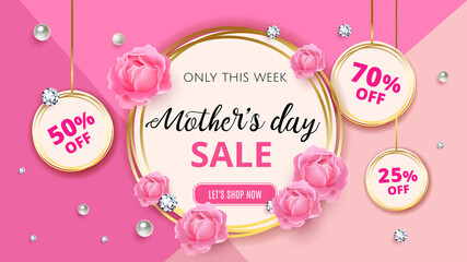 Fototapeta na wymiar Mother's day sale background template with flowers, roses, diamond and pearl for promotion banner, ads, flyers, invitation, posters, brochure, discount, sale offers. Vector illustration. EPS 10.