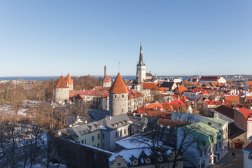 Bright colourful aerial view of old town of Tallinn, Estonia at sunny day. Beautiful roof tops.