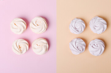 Color sweet homemade zephyr or marshmallow. Flat lay. copy space