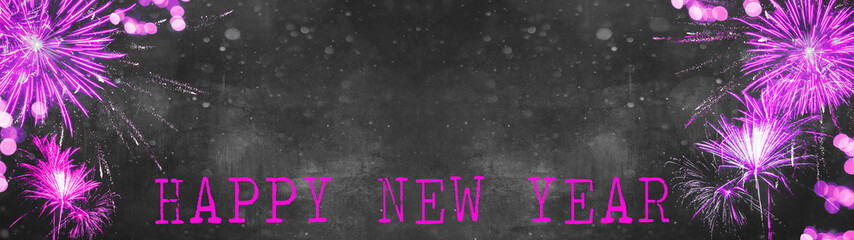HAPPY NEW YEAR Silvester background banner panorama long- Pink golden firework and pink bokeh...