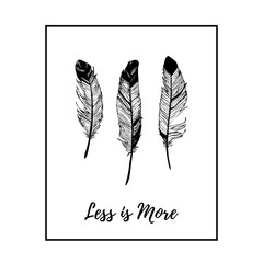 Vector art, minimalistic black and white graphics, realistic three pen hand-drawn in a thin black frame on a white background. Decorative element for postcard, poster. Less is more inscription.