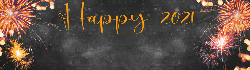 Fototapeta na wymiar HAPPY 2021 - Festive Silvester background banner panorama long- Red orange golden firework and bokeh lights on dark black grey night texture, with space for text
