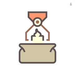 Robot hand put product into box packaging in food processing production vector icon design on white background, 64x64 pixel perfect and editable stroke.