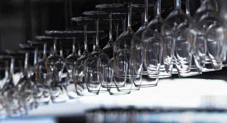 Many empty wine glasses hanging upside down in a row on a special rack over the counter of a bar.
