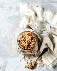 Homemade granola with berries and nuts in a bowl on a gray background