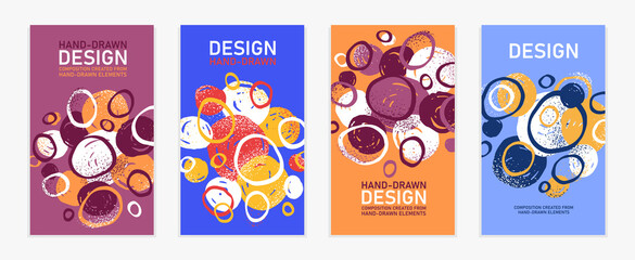 Hand drawn art vector covers circles abstract backgrounds set, artistic graphic design brochures flyers or booklets, advertising colorful positive posters, textured abstraction funny and cute.