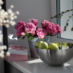 Bouquet of red roses in a tin bucket, a steel bowl with green apples and a pink box with the inscription Best wishes on a stone windowsill. Room interior with gray curtains