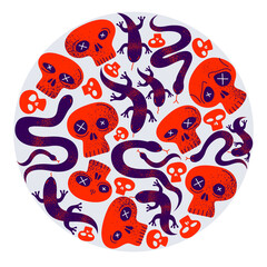 Skulls with lizards and snakes round composition in a circle vector design illustration, death sculls horror and fear theme concept, hard rock subculture style.