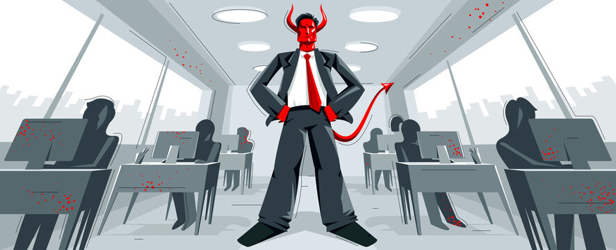 Big boss director with horns like demon or devil stands in center of office with employees confident serious and angry vector illustration, bad boss despot and tyrant concept, manager in control.