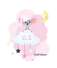 Cute little mouse in a nightcap on a cloud. Vector illustration in children 's cartoon style