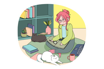 Online, education, reading, study concept. Young woman girl student sitting home and studying book remotely. Information scientific research exam preparation distant learning and getting knowledge.