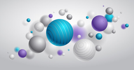 Abstract spheres vector background, composition of flying balls decorated with lines, 3D mixed realistic globes, realistic depth of field effect.