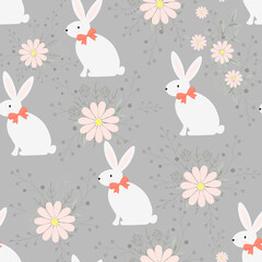 Seamless pattern of cute white rabbits with floral elements children's background in cartoon style.