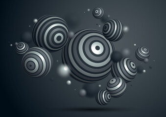 Abstract metallic spheres vector background, composition of flying balls decorated with patterns of shiny metal, 3D mixed variety realistic globes with ornaments, realistic depth of field effect.