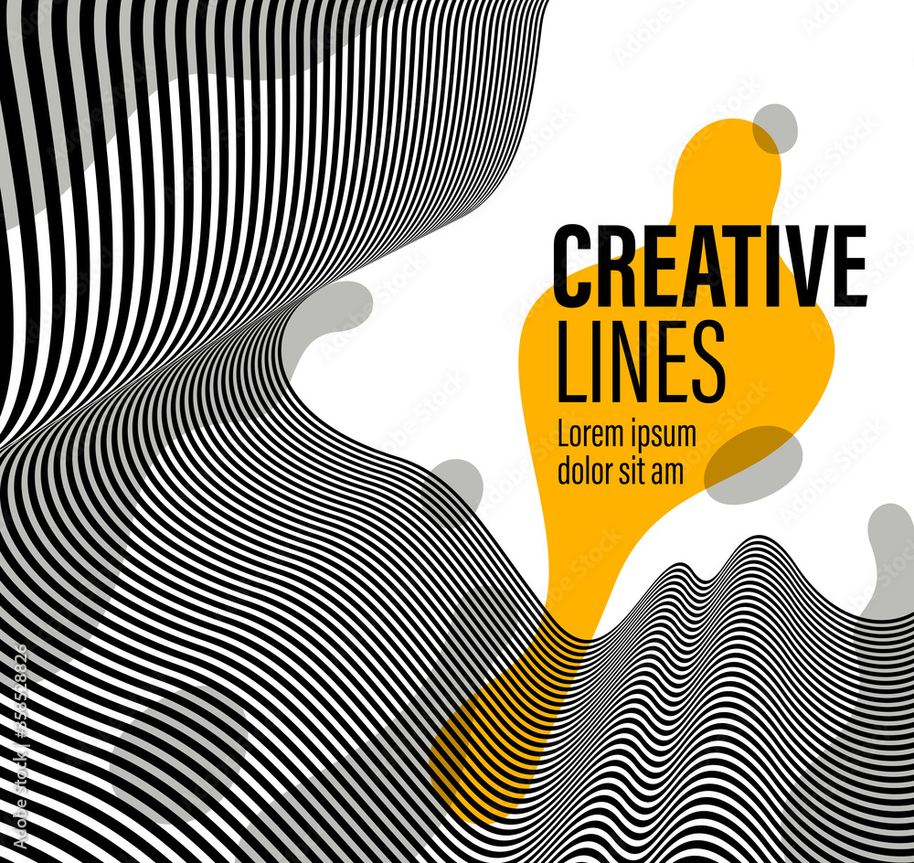 Aufkleber abstract vector 3d lines with yellow fluid splat background, black and white curves linear perspecti