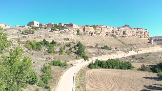 aerial view over Rello village (Crane Jib downward movement), province of Soria, Castilla y Leon, Spain