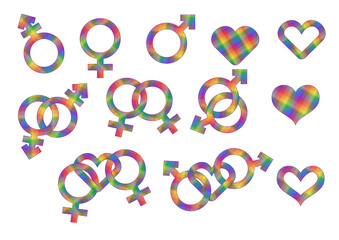 set of single and combined lgbt symbols with rainbow textile texture