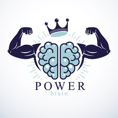 Power Brain emblem, genius concept. Vector design of human anatomical brain with strong bicep hands of bodybuilder. Brain training, grow IQ, mental health.