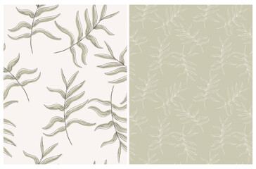 Abstract Palm Leaves Seamless Vector Pattern. Pale Green Tropical Repeatable Design. Aloha Party Decoration. Hand Drawn Palms Isolated on a Light Olive Green Background. Tropical Backdrop. © Magdalena