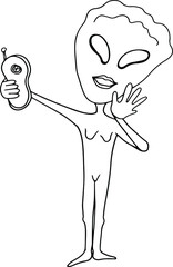 Funny outline humanoid making selfie. Hand drawn vector illustration of alien which take a photo of herself. Coloring for kids isolated on white background. Doodle. UFO concept.