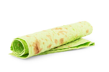 Green pita bread rolls on white background