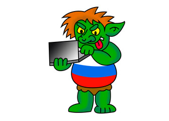 Russia internet troll. Funny cartoon illustration of green Russian computer hacker with t-shirt like the Russian flag. Image isolated on white background.