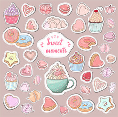 Sweet moments stickers collection. Sweet icons set. Scrapbook items pack. Hot chocolate drink, coffee, cream, marshmallow, cookies, candy, donuts, macaroons, cupcakes isolated stickers. Delicious fo