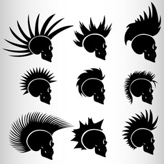 A set of nine skulls in the style of cyberpunk. Set for emblems or tattoos, skull punk. Nine emblems in the style of cyberpunk.