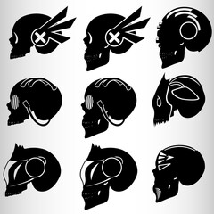 A set of nine skulls in the style of cyberpunk. Set for emblems or tattoos, cyborg skull. Nine emblems in the style of cyberpunk, skulls with implants.